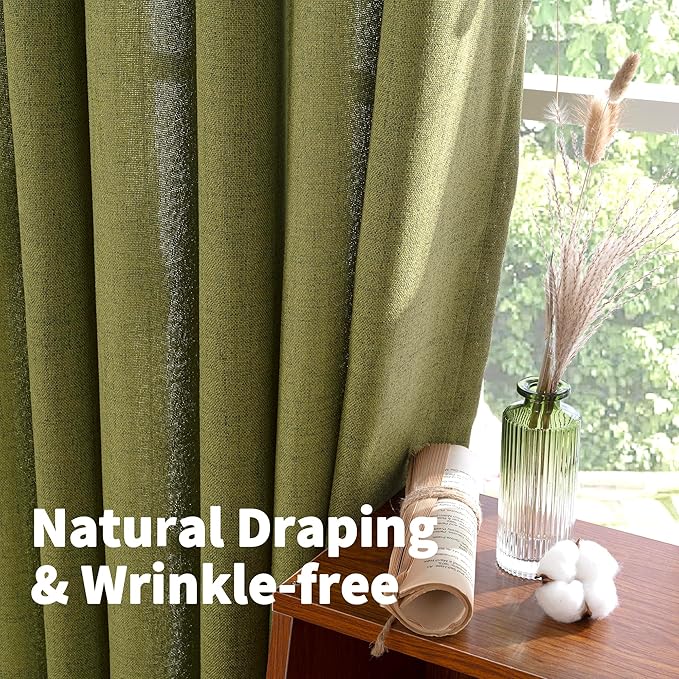 YoungsTex Olive Green Linen Curtains 45 Inches Length Textured Short Window Drapes Light Filtering with Bronze Grommet for Kitchen Bedroom Cafe Decorative, 42 x 45 Inch, 2 Panels