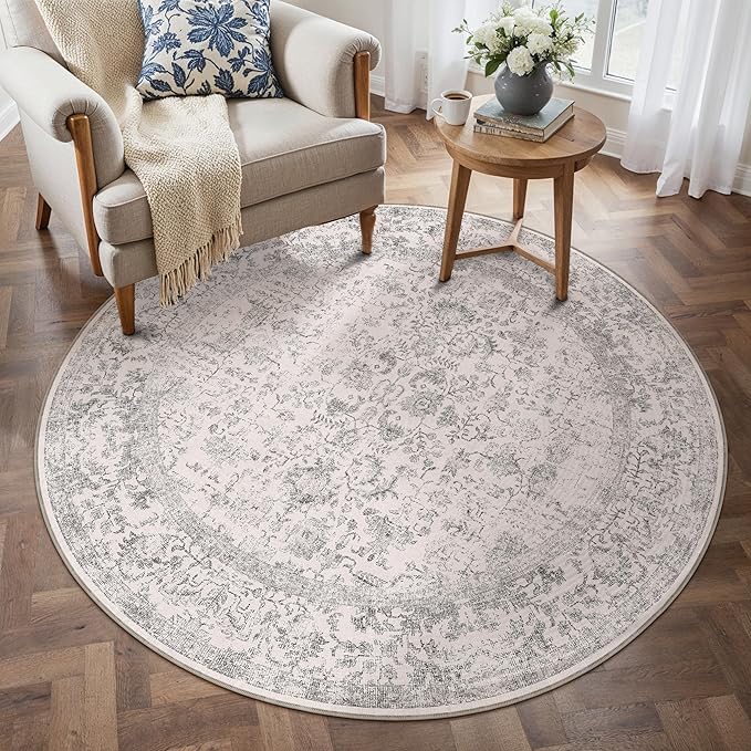 Grey Round Area Rug 4ft Entryway Door Mat Small Circle 4x4 Kitchen Vintage Carpet Non Slip Indoor Bedroom Washable Distressed Floral Retro Accent Throw Rug Office Bathroom