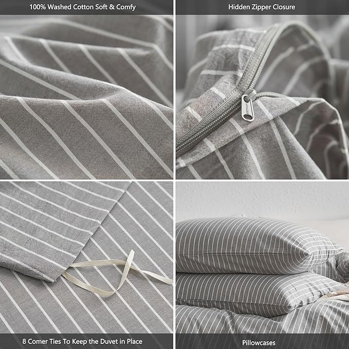 MooMee Striped Duvet Cover Set 100% Washed Cotton Linen Like Textured Breathable Durable Soft Comfy (Light Grey White Wide Stripes, Twin 68"x90")