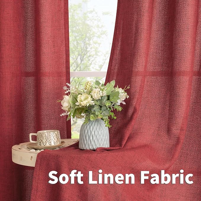 YoungsTex Red Linen Curtains 90 Inch Length for Living Room, Light Filtering Drapes with Bronze Grommet Privacy for Dining Bedroom Window, 52 x 90 Inch, 2 Panels