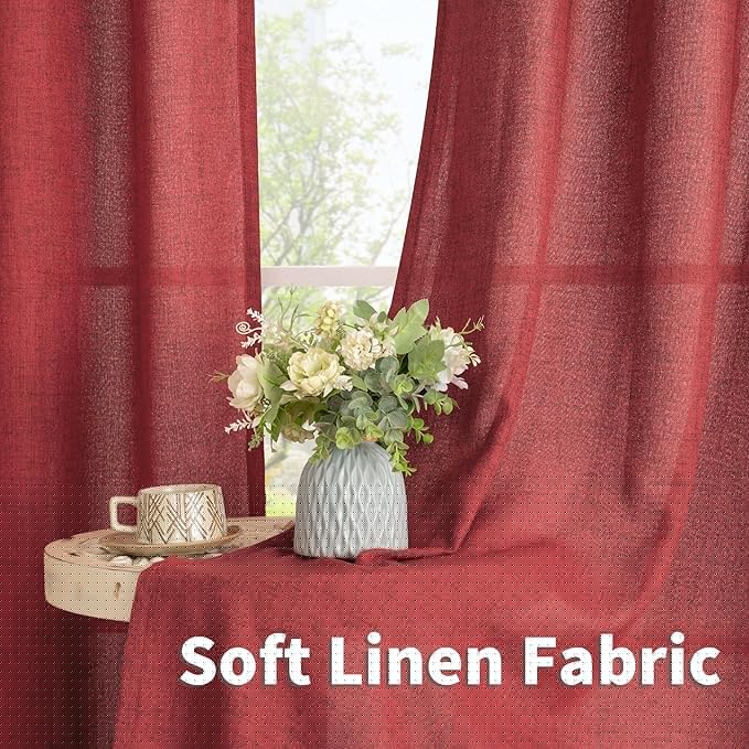 YoungsTex Red Linen Curtains 72 Inch Length for Living Room, Light Filtering Window Drapes with Bronze Grommet Privacy for Dining Bedroom, 52 x 72 Inch, 2 Panels