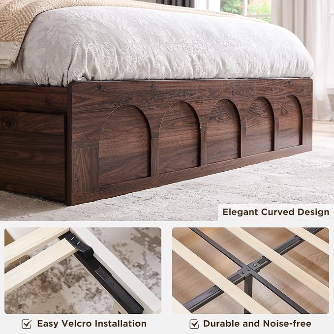 ACCOHOHO Queen Size Bed Frame Modern with 52" Tall Arched Recessed Headboard and 4 Drawers, Solid Wood Slats Support, Wood Platform, Noise Free, No Box Spring Needed, Brown