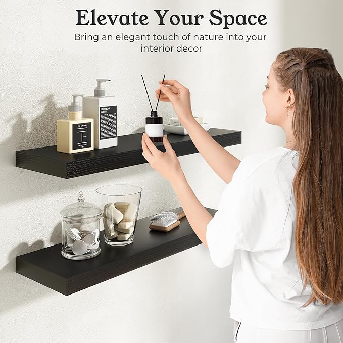 Floating Shelves for Wall, 9.3" Deep Wall Mounted Wood Shelves for Bathroom, Bedroom, Living Room, Kitchen, Hanging Shelf for Books/Storage/Room Decor (Black, 40")
