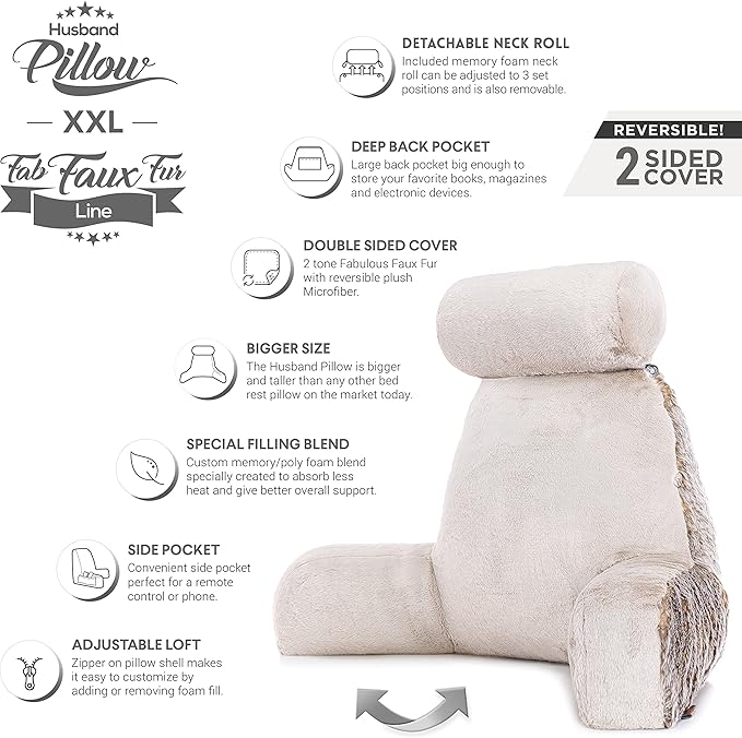 Husband Pillow XXL Ultra Rare Baby Chinchilla Backrest, Two-Tone Reversible Double Sided Fabulous Faux Fur Reading & Bed Rest Pillow with Arms & Neck Roll, Adjustable Memory Foam - Extremely Comfy