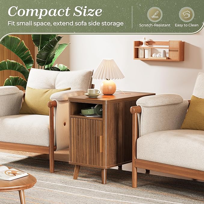 Huuger Narrow End Table with Charging Station, USB-C Port, Fluted Nightstand with Storage Cabinet, Back Rack, Farmhouse Side Table for Small Spaces, 13.4 × 23.6 Inch Night Stand, Walnut