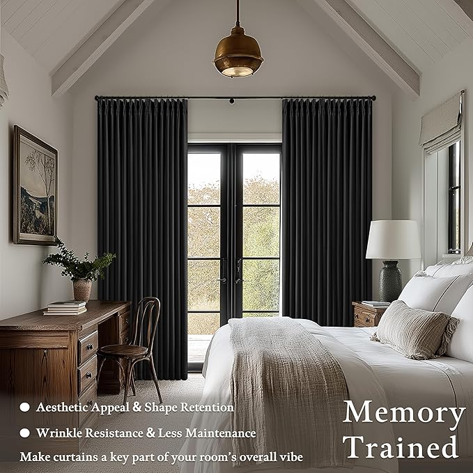 Black Pleated Linen Blackout Curtains 84 Inches Long for Bedroom Living Room Pinch Pleat Black Out Thermal Insulated Ring Hooks Back Tab Room Darkening Modern Drapes Window Curtains with Liner
