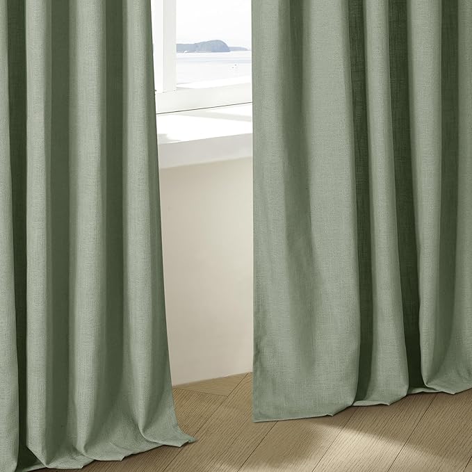 Sage Green Pinch Pleated Linen Curtains 80 Inches Long for Living Room Bedroom Light Filtering Boho Window Drape 80 inch 2 Panels with Hooks Rings Sliding Glass Door Semi Sheer Curtain Light Green
