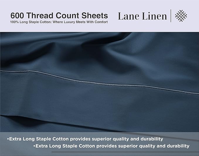 LANE LINEN 600 Thread Count 100% Mercerized Cotton Twin Sheets Set, Machine Wash, Mercerized Cotton for Sily Finish, Soft & Comfy Fully Elasticized Sheets Twin Size Bed Set, Sateen Weave - Dark Denim