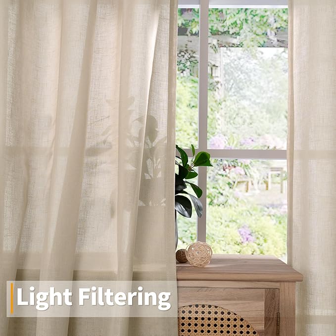 YoungsTex Tan Linen Semi Sheer Curtains 84 Inches Long for Living Room, Light Filtering Drapes with Grommet Lightweight for Bedroom Dining Farmhouse, 2 Panels, 52 X 84 Inch