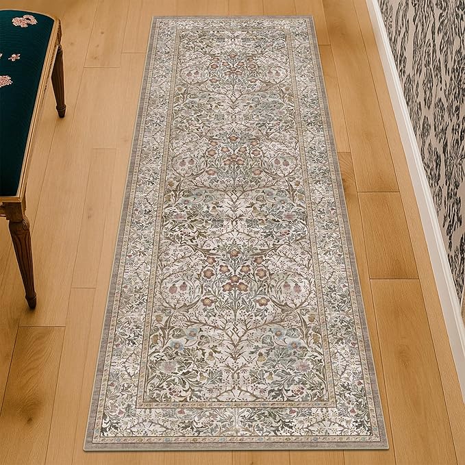 2x8 Moss Green Washable Kitchen Runner Rug - Non Slip Floral Rugs for Entryway Indoor, Kitchen- Vintage Geometric Floral Design Orenital Home Décor, Stain Resistant Carpet