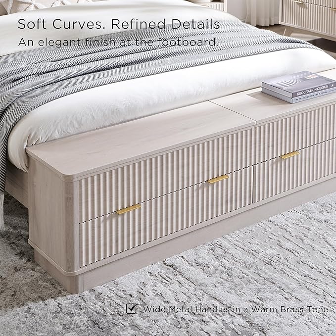 T4TREAM Fluted Queen Size Bed Frame with Wingback Headboard, Footboard Storage Bench with Built-in Drawers & Lift-Up Compartments, Wood & Steel Platform Bed, No Box Spring Needed, White Alder