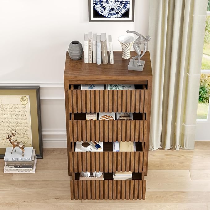 Fluted 4 Drawer Dresser, Mid Century Small Dresser for Bedroom, Wood Chest of Drawers, Modern Closet Clothes Organizer, Walnut Wooden Storage for Living Room, Brown