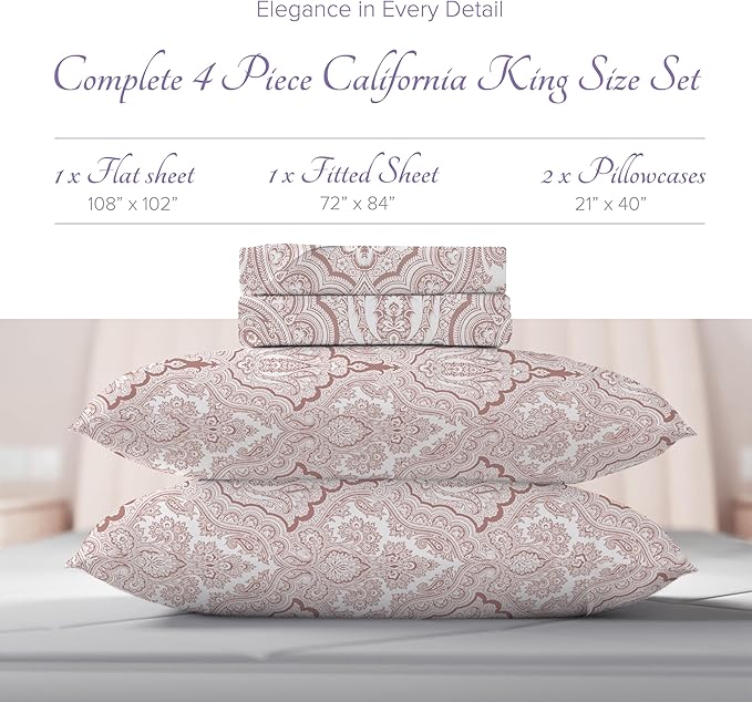 Carressa Linen Luxury Egyptian Cotton California King Printed Sheet Set 600 Thread Count Extra Long Staple 4 PC Set, Paisley Blush Cal King Printed Sheets, Soft, Cooling Sheets Upto 18 in Deep Pocket