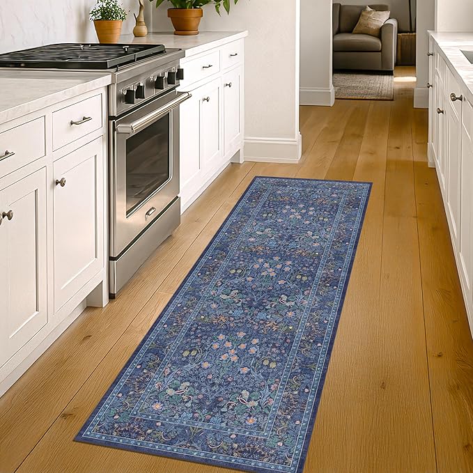 Non Slip 2x7 Dark Blue Kithen Runner Washable - Long Runner Rugs for Hallway, Bathroom, Bedroom Bedside - Dusky Navy Vintage Floral Décor