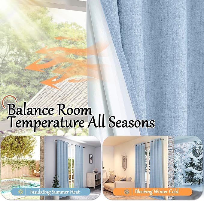 Baby Blue Linen Blackout Curtains for Nursery 95 Inch Length 2 Panels Set, Thermal Insulated Boho Total Black Out Noise Reducing Bonzer Grommets Window Curtains for Kids Bedroom, Each 52 Inch Wide