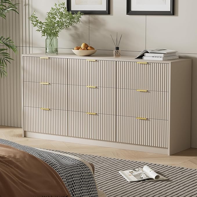 Beige Dresser for Bedroom, Modern Dresser with 9 Drawers and Smooth Slides, Wide Chest of Drawers with Golden Handles for Bedroom, Living Room, Closet, 15.7" D x 63" W x 31.5" H