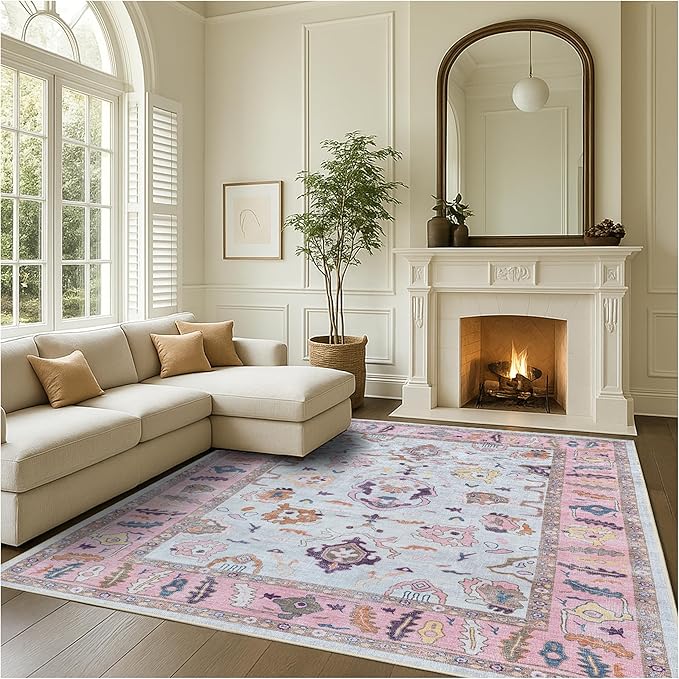 Fame Rugs Pink Beige Modern Oushak Rug 5x7, Washable Vintage Turkish Colorful Oriental Antique Inspired Area Rugs, Luxury Living Room Bedroom (390PP, 6' x 9')