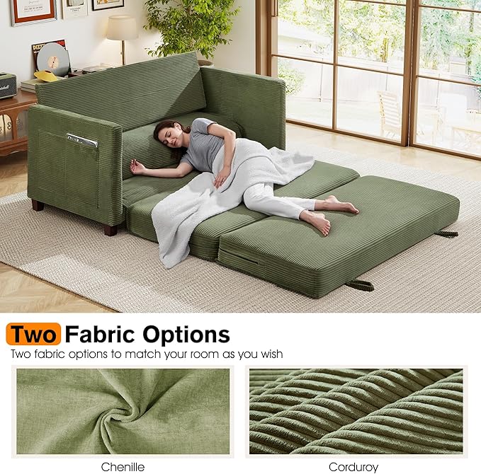 65" Loveseat Sleeper Sofa Bed, Corduroy Convertible Sofa Bed for Small Spaces, Folding Couch Bed with Deep Seat, 2 Pillows & Solid Frame, Pull Out Floor Couches for Living Room, Green