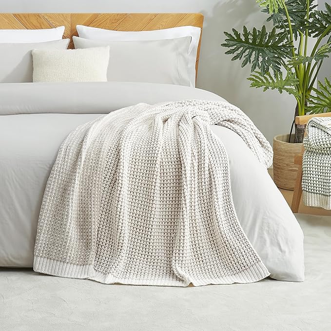 Amélie Home Waffle Chenille Throw Blanket for Couch, Pineapple Stitch Knit Soft Cozy Knit Blanket Decorative Throw for Sofa, Chair, 60"x80", Beige&Ivory