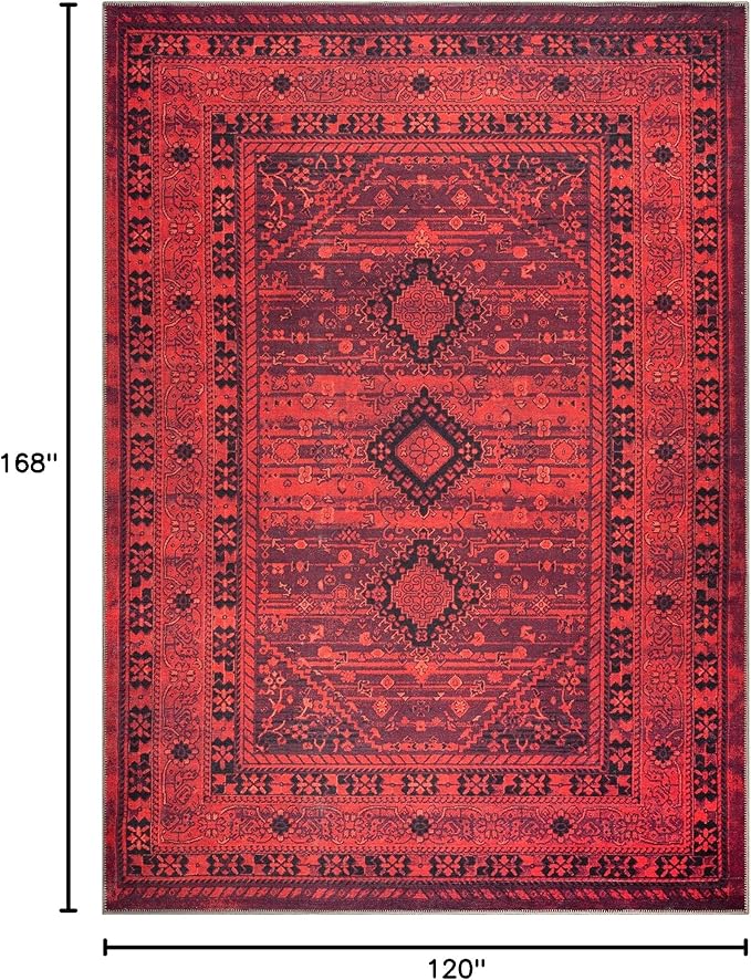 Bloom Rugs Washable Non-Slip 10x14 Rug - Red Traditional Bordered Area Rug for Living Room, Bedroom, Dining Room, and Kitchen - Exact Size: 10' x 14'
