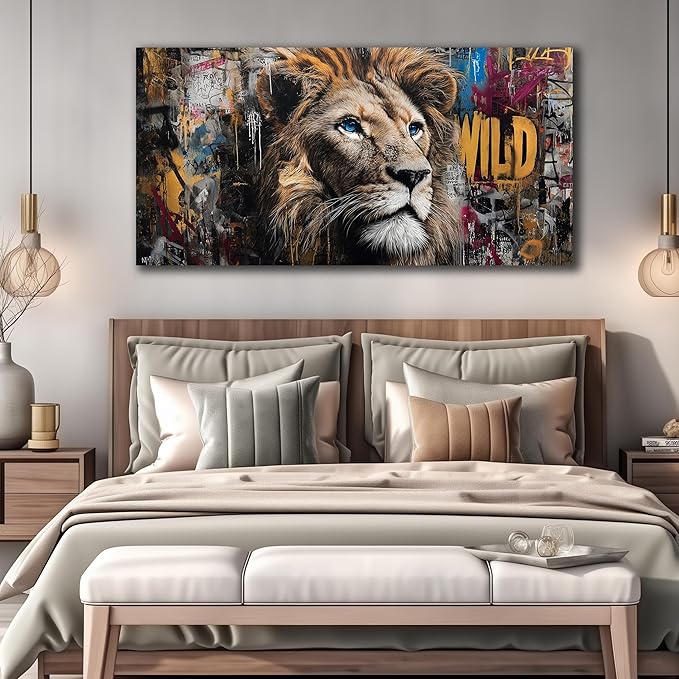 JuhaiArt Brown Wall Art Lion Artwork Graffiti Wall Decor Animal Canvas Art for Living Room Bedroom Home Office Prints Colorful Large Picture 29" x 59"