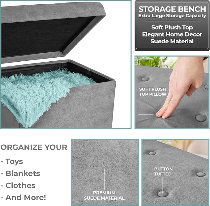 Sorbus Storage Ottoman Bench – Collapsible/Folding Bench Chest with Cover – Perfect Shoe Chest, Hope Chest, Pouffe Ottoman, Seat, Foot Rest, – Contemporary Faux Suede (Gray)