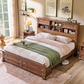 Farmhouse Queen Size Bed Frame with 54" Tall Storage Bookcase Headboard, Wood Platform Bed Frame with 18" Tall Roman Column Decoration Footboard & 2 Drawers, No Box Spring Needed(Reclaimed Barnwood)