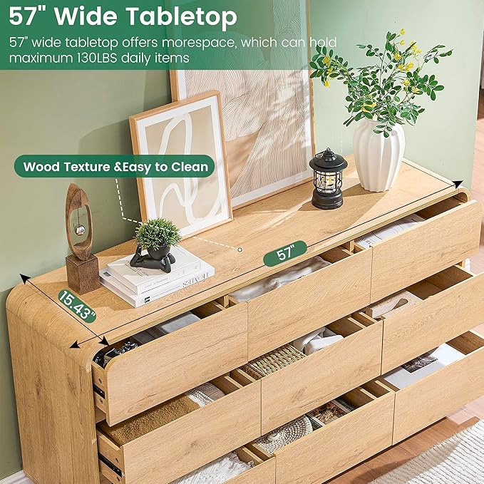 Natural Dresser for Bedroom with 9 Drawers, 57" Wide Modern Drawers with Curved Design, Wood Drawer Organizer for Living Room, Hallway