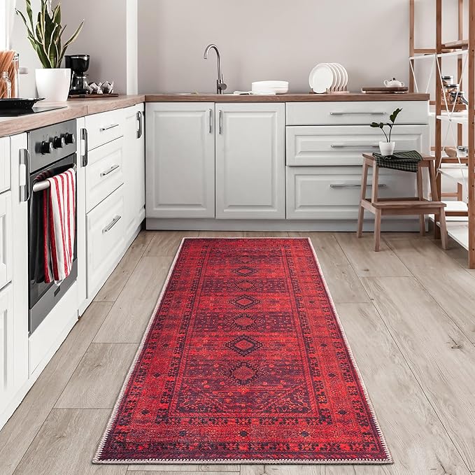 Bloom Rugs Washable Non-Slip 12 ft Runner - Red Traditional Bordered Runner for Entryway, Hallway, Bathroom, and Kitchen - Exact Size: 2.5' x 12'