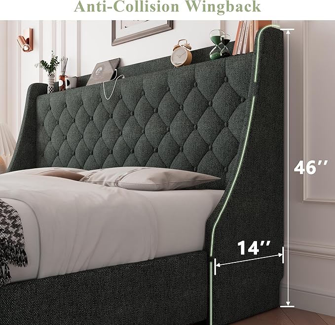 Feonase Queen Bed Frame with 4 Storage Drawers, Upholstered Storage Bed with Charging Station, Tufted Wingback Headboard, No Box Spring Needed, Dark Grey