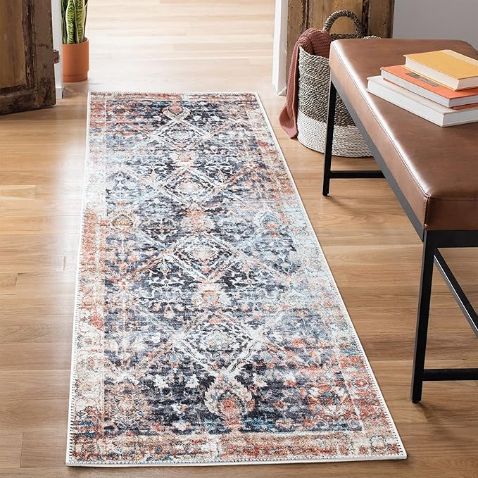 Bloom Rugs Washable Non-Slip 7 ft Runner - Orange/Black Traditional Runner for Entryway, Hallway, Bathroom, and Kitchen - Exact Size: 2.5' x 7'