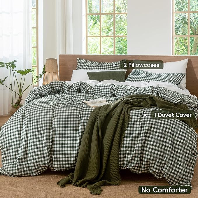 MooMee Gingham Duvet Cover Set 100% Washed Cotton Linen Like Textured Breathable Durable Soft Comfy Modern Checkered Design (Forest Green Gingham, Super King 108"x98")
