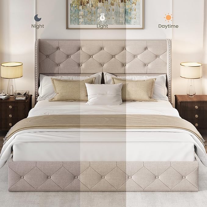 LARMACE Full Size Bed Frame with 4 Storage Drawers and Wingback Headboard Linen Upholstered Platform Bed Frame Tufted Beds with Wooden Slats Support, Easy Assembly, Beige