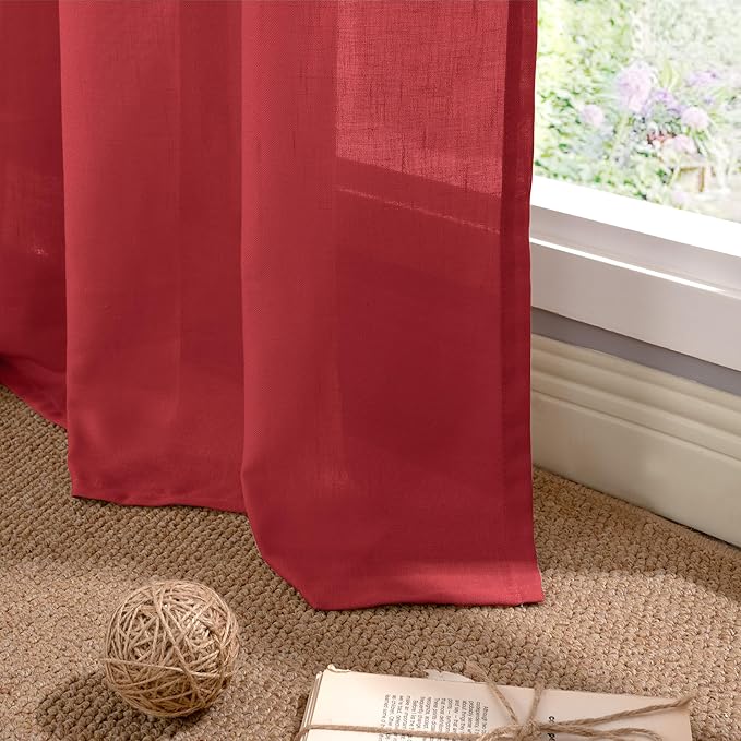 YoungsTex Red Linen Semi Sheer Curtains 72 Inch Length for Living Room, Light Filtering Window Drapes with Grommet Privacy Christmas Decor for Dining Bedroom, 2 Panels, 52 X 72 Inch