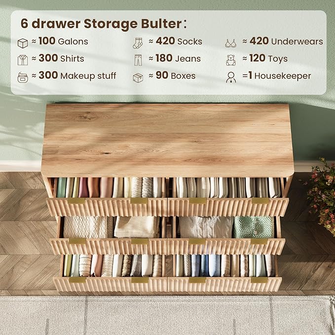 47'' Wide 6 Drawers Dresser for Bedroom,Modern Fluted Vertical Chest with Rounded Corners,Fluted Dresser for Living Room,Hallway, Natural Wood