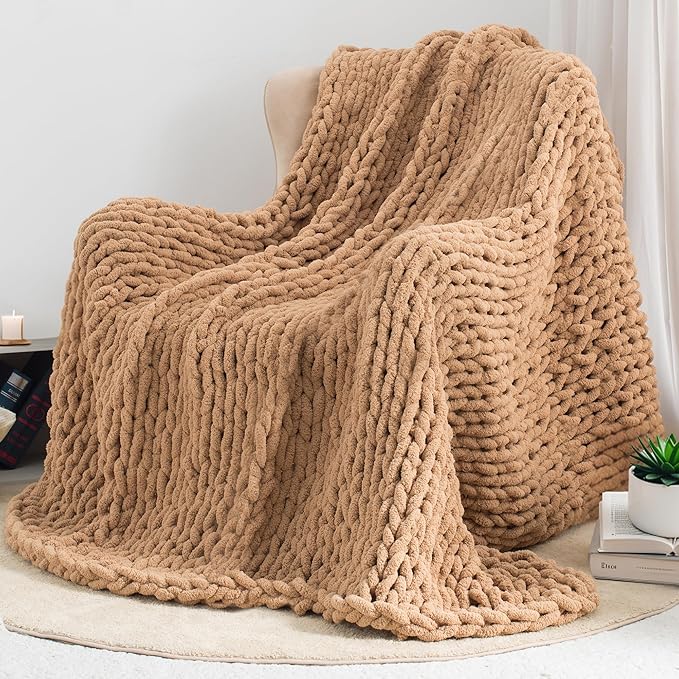 Chunky Knit Throw Blanket 50"X 60", 100% Handmade with Soft Chenille Yarn, 4.4lbs Thick Cable Knitted Blankets, Large Rope Knot Crochet Throws for Couch Sofa Bed Home Decor, Tan Brown