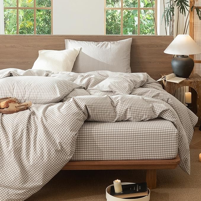 MooMee Gingham Duvet Cover Set 100% Washed Cotton Linen Like Textured Breathable Durable Soft Comfy Modern Checkered Design (Mini Gingham Tannish Linen Grey, Cal King 104"x98")