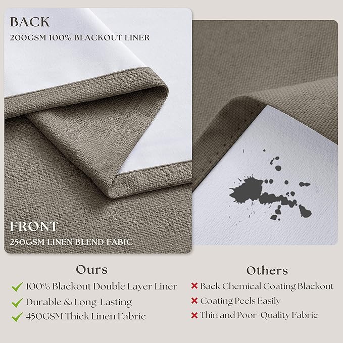 Dark Flax 100 Inch Blackout Pinch Pleated Curtains 2 Panel Set for Living Room Darkening Thick Linen Textured 100% Black Out Drapes 100 Inches Long Pinch Pleat Light Blocking Bedroom Taupe Gray