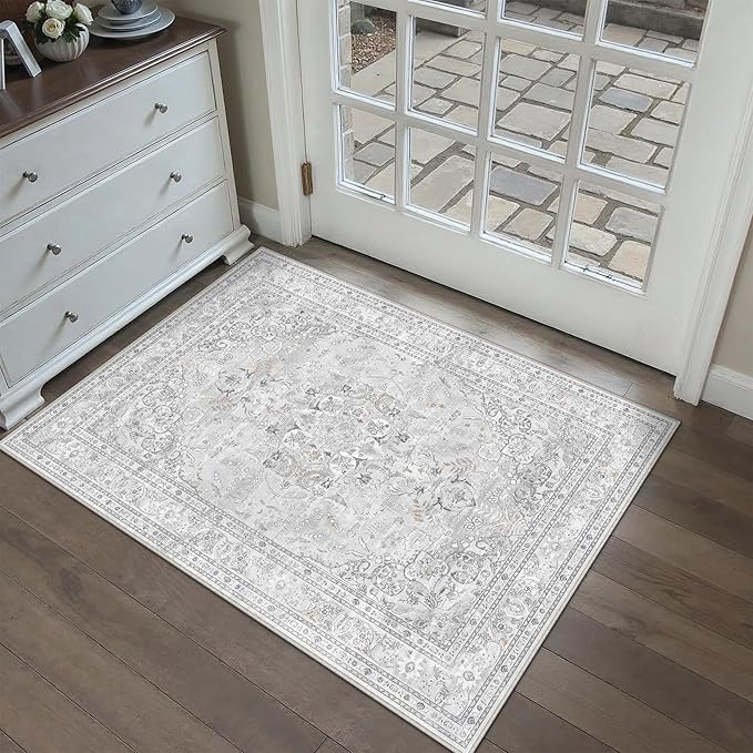 Grey 2x3 Area Rug Washable Vintage Small Carpet for Entryway Kitchen Soft Retro Floral Low Pile Thin Door Mat Non Slip Central Medallion Throw Rug for Bathroom Office Bedroom Dining Room