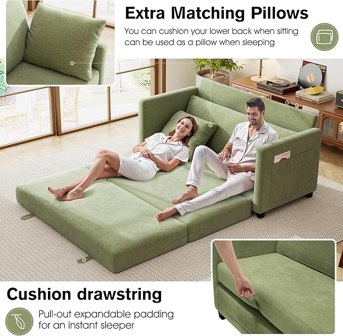 65" Loveseat Sleeper Sofa Bed, Chenille Convertible Floor Sofa Bed for Small Spaces, Folding Couch Bed with Deep Seat, 2 Pillows & Solid Frame, Pull Out Floor Couch for Living Room, Green