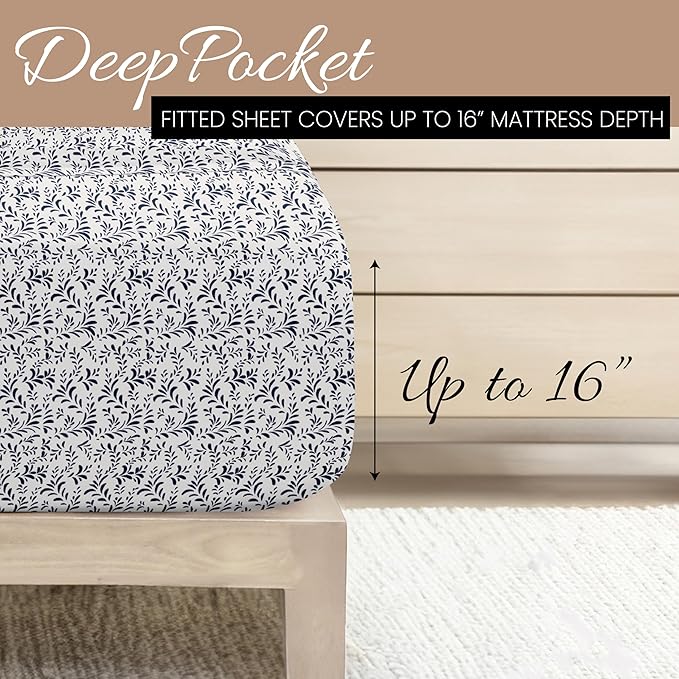 Linen Market Double-Brushed Patterned Microfiber Queen Sheet Set 4 Piece – Oeko-TEX Certified Ultra Soft & Wrinkle-Free - 16" Deep Pocket Sheets - Easy Care Queen Size - Burst of Vines Navy