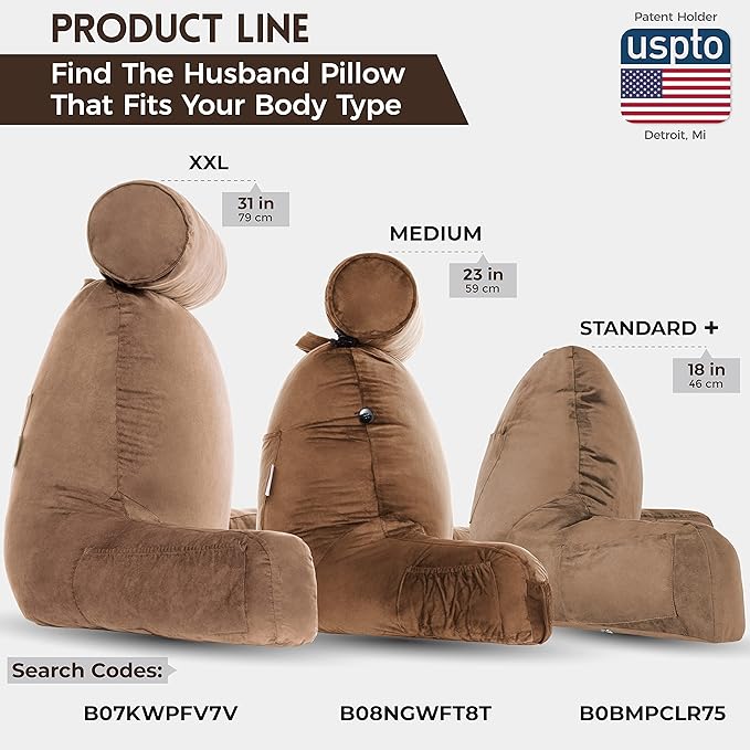 Husband Pillow XXL Aspen Edition, Adult Reading Sit Up Bed Rest Pillow for Bed with Arms & Neck Roll on Bungee Cord - Premium Memory Foam - Reversible 2 Sided Cover Micro Suede or Plush, Saddle Brown