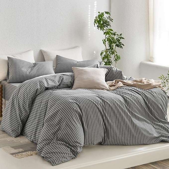 MooMee Striped Duvet Cover Set 100% Washed Cotton Linen Like Textured Breathable Durable Soft Comfy (Dark Grey White Wide Stripes, Alaska King 132"x120")
