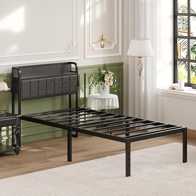 16 Inch Twin Bed Frames with Upholstered Storage Headboard, Heavy Duty Twin Platform Bed No Box Spring Needed, Noise Free, Easy Assembly, Gray