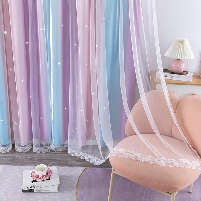 XiDi Dream Star Blackout Curtains for Kids Rooms Girl Princess Curtain for Daughter Bedroom Window (Pink Purple, W34 X L72)