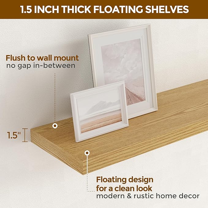 Fun Memories Floating Shelves for Wall, 36 x 9.3 Large Floating Shelf Wall Mounted Set of 2, Rustic Wood Shelves for Bathroom, Kitchen, Living, Heavy-Duty Storage Deep Shelf for Books, Decor, Oak
