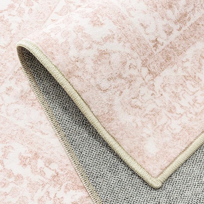 Pink Runner Rug 2x5 Hallway Machine Washable Kitchen Vintage Distressed Non Slip Long Carpet Indoor Retro Floral Bedroom Accent Throw Rug for Bathroom Office Laundry Dining Room