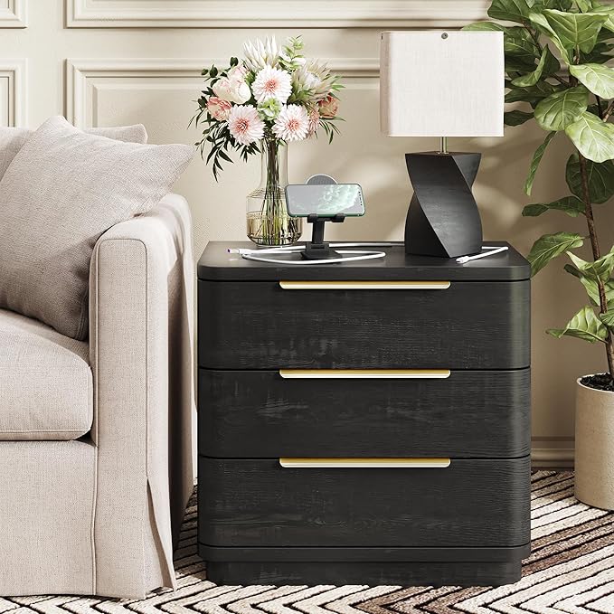 Black Nightstand Bedside Table with 3 Storage Drawers, 24" Tall Wood Night Stand with Charging Station, Modern Wide End Table Side Table W/Metal Handle Curved Profile for Bedroom