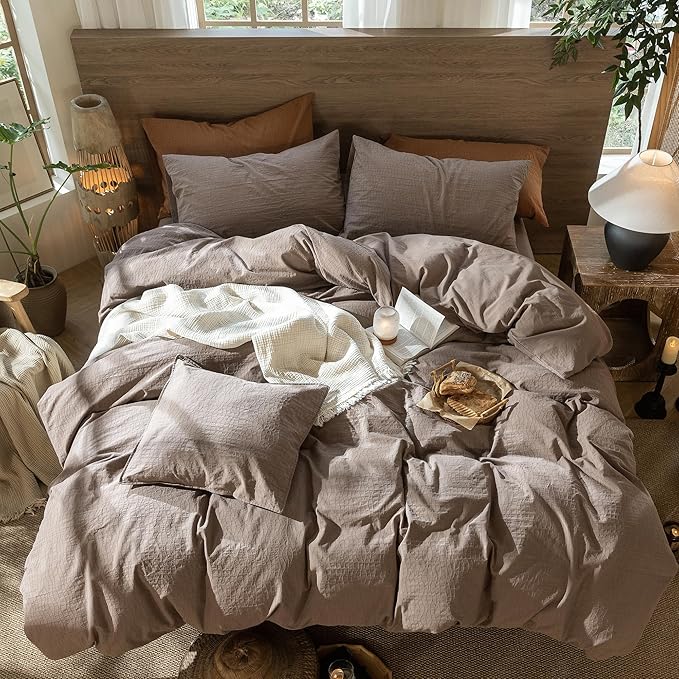 MooMee Wavy Striped Duvet Cover Set 100% Washed Cotton Linen Like Textured Breathable Durable Soft Comfy (Brown, Twin 68"x90")