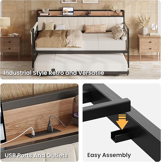 LIKIMIO Daybed with Trundle Bed, Twin XL Bed Frame with Storage Headboard and Charging Station, Sofa Day Bed with Strong Supports for Living Room, Bedroom, and Guest Room, Beige